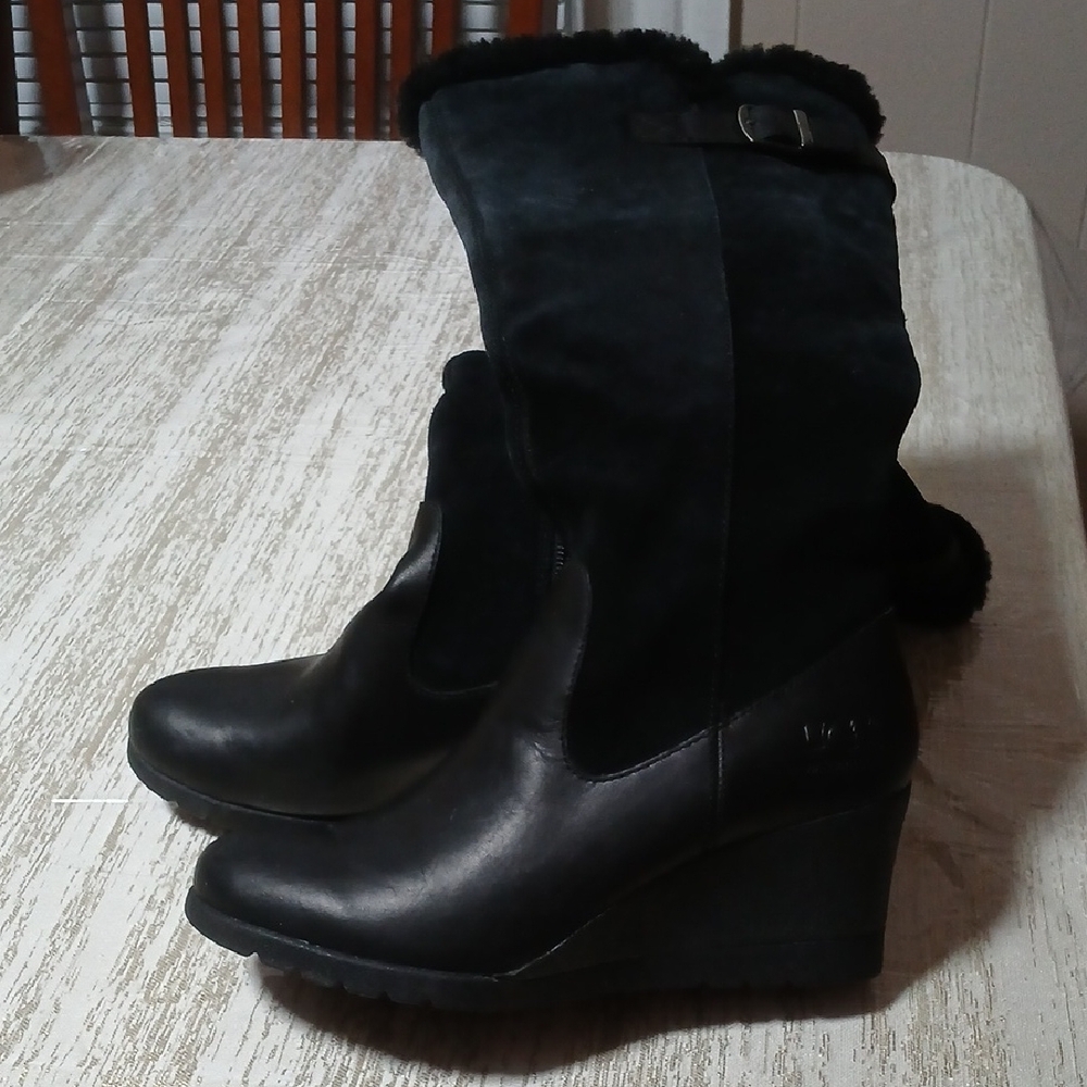 UGG Black Tall Suede and Leather Wedge Boots